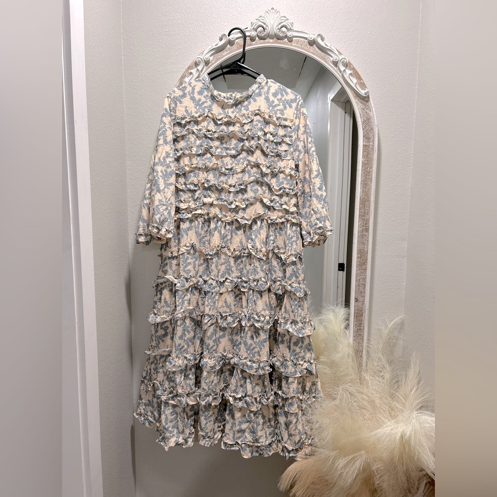 Dainty Jewells Floral Ruffle Dress - Cream and light blue